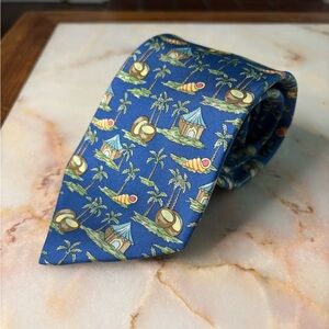 Hermes 100% Silk Blue Island-Themed Men's Tie